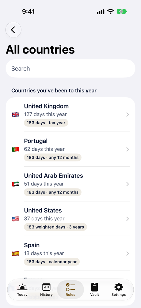 Midnightly screenshot: All countries and their 183-day rules