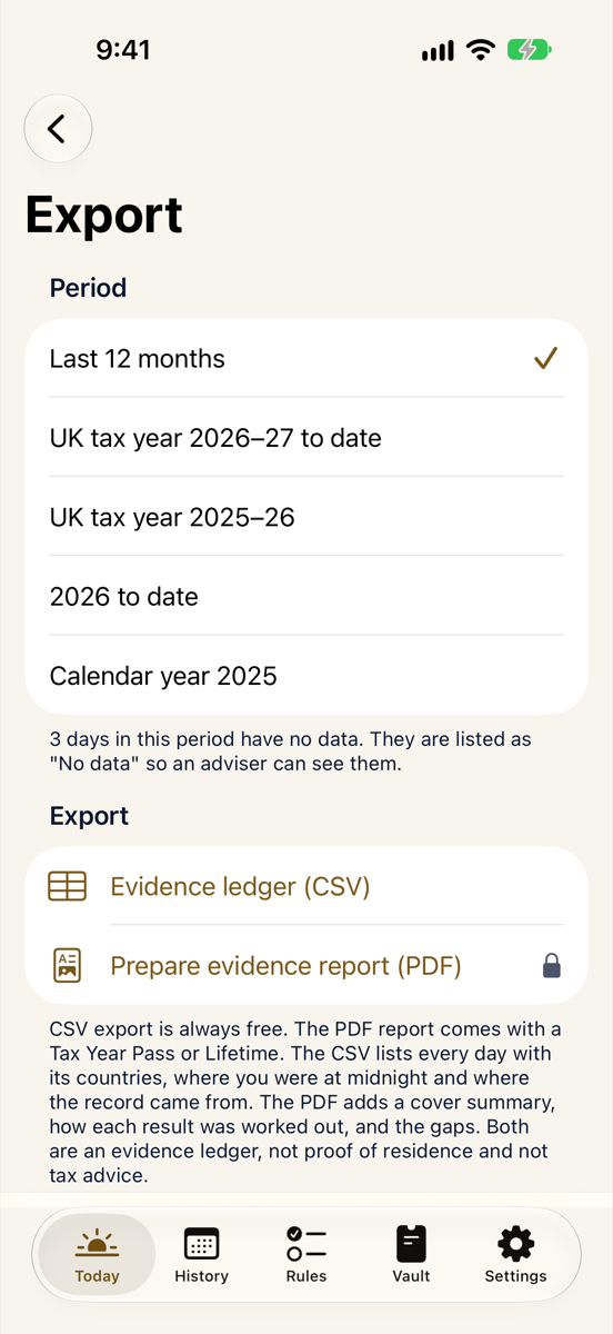 Midnightly screenshot: Signed evidence export