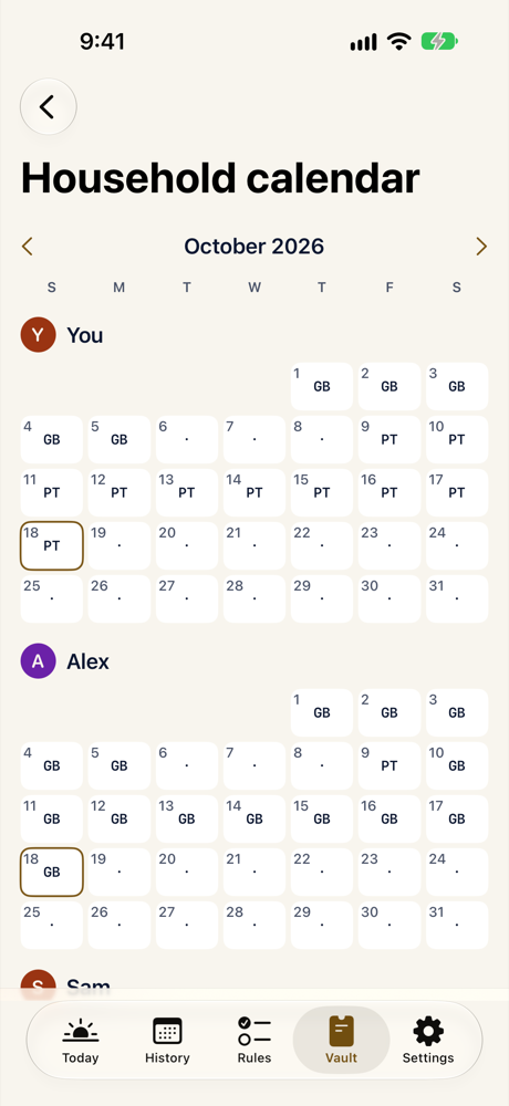 Midnightly screenshot: Household calendar