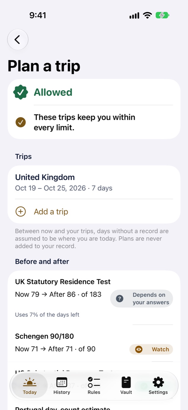 Midnightly Plan a trip screen: a trip to the United Kingdom from 19 to 25 October is marked Allowed, keeping you within every limit, with UK Statutory Residence Test days going from 79 to 86 of 183.