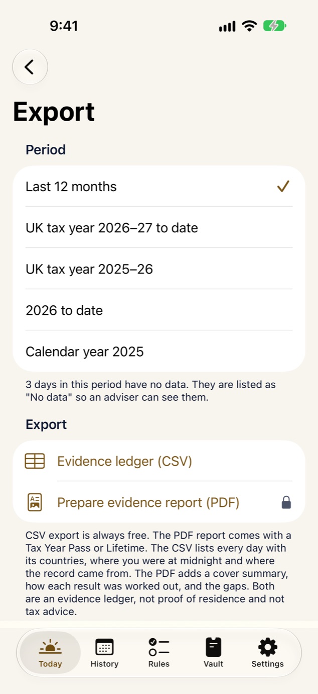 Midnightly Export screen: choose a period such as last 12 months or a UK tax year, then export an evidence ledger as CSV or prepare a PDF evidence report. A note says 3 days in this period have no data and are listed as No data.