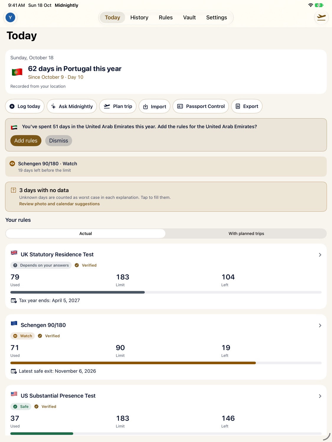 Midnightly on iPad: the Today screen shows 62 days in Portugal this year, then rule cards. UK Statutory Residence Test: 79 used of 183, 104 left, depends on your answers. Schengen 90/180: 71 used of 90, 19 left, latest safe exit 6 November 2026. US Substantial Presence Test: 37 used, safe.